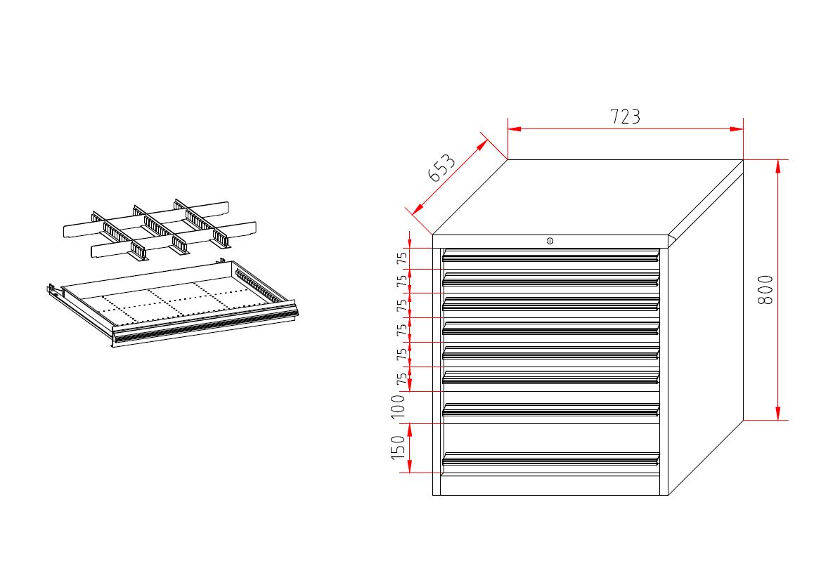 Schubladenschrank 800x723x653 mm, mit 8 Schubladen, je 100 kg Tragkraft