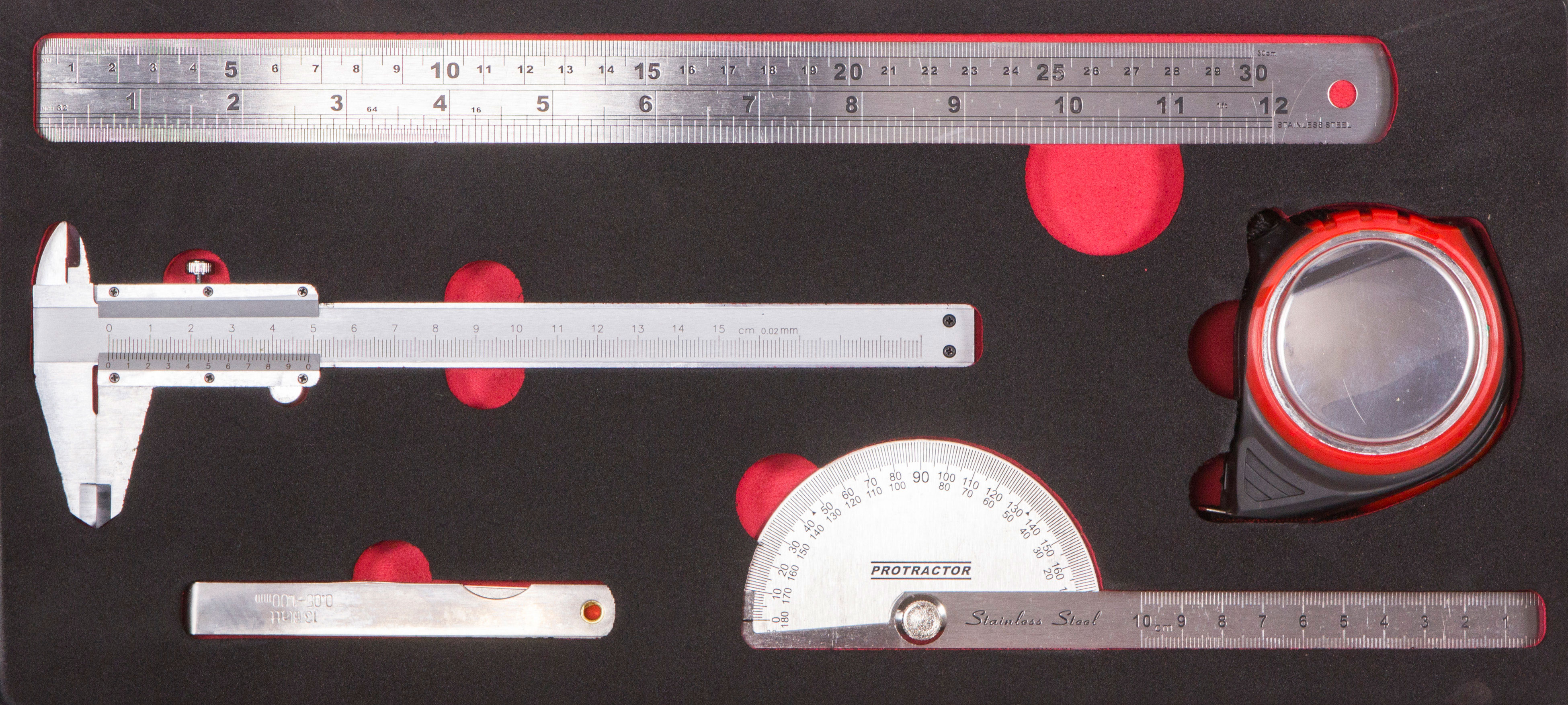 Messinstrument-Satz, 5-tlg., mit Schaumstoffeinlage